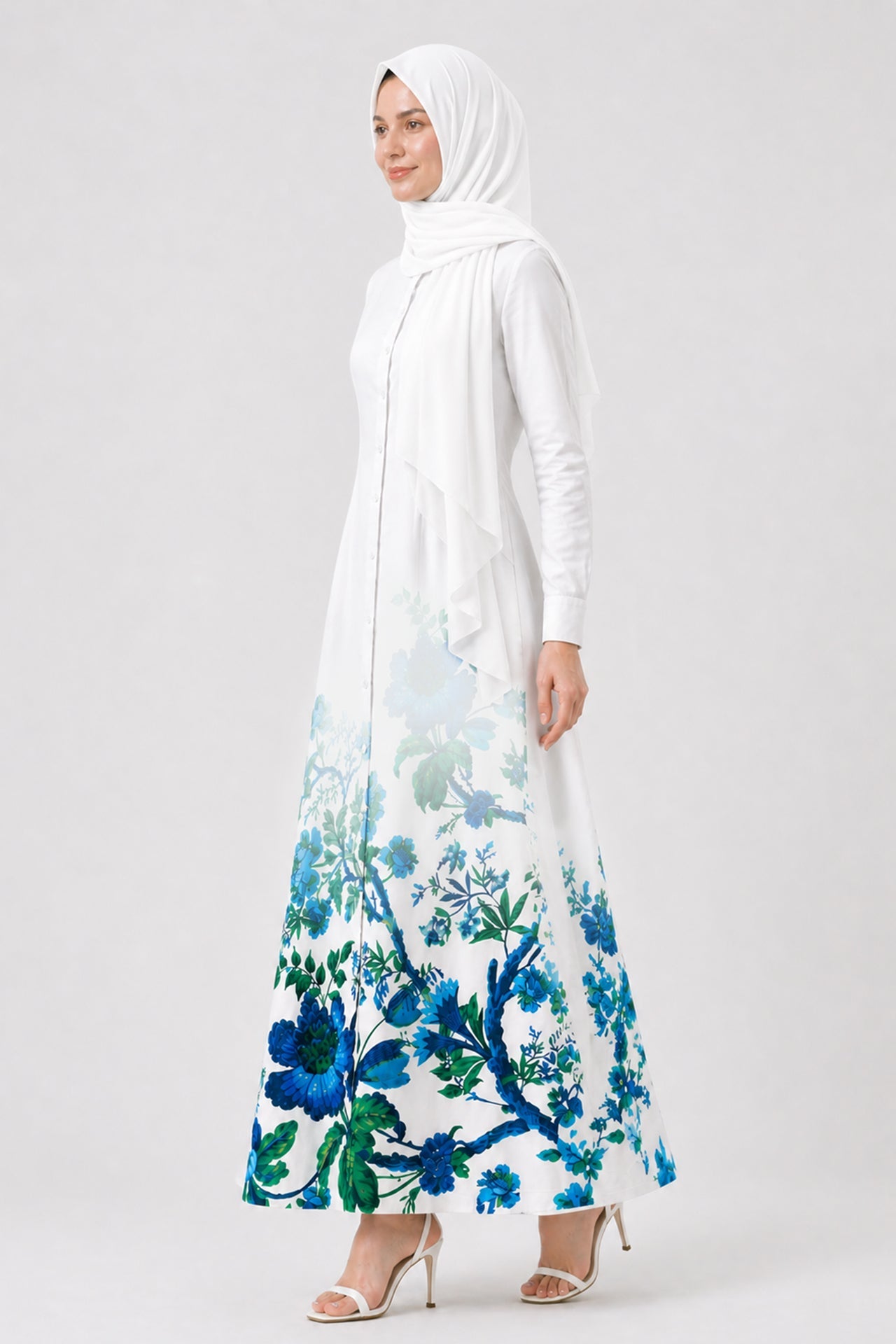 Blue Floral Maxi Shirt Dress with Pockets