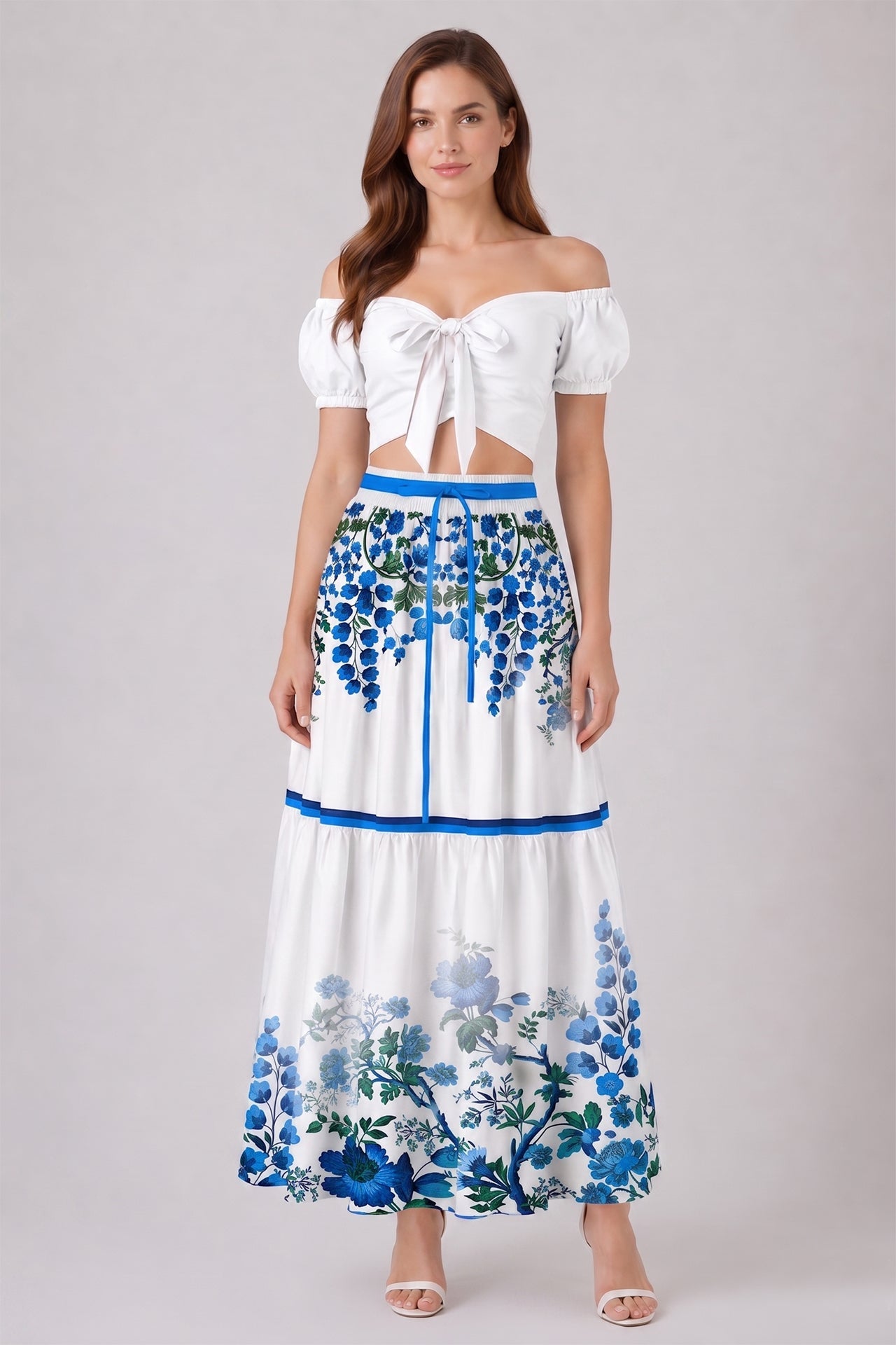 Blue Botanical Multi Tier Maxi Skirt with Drawstring Waist