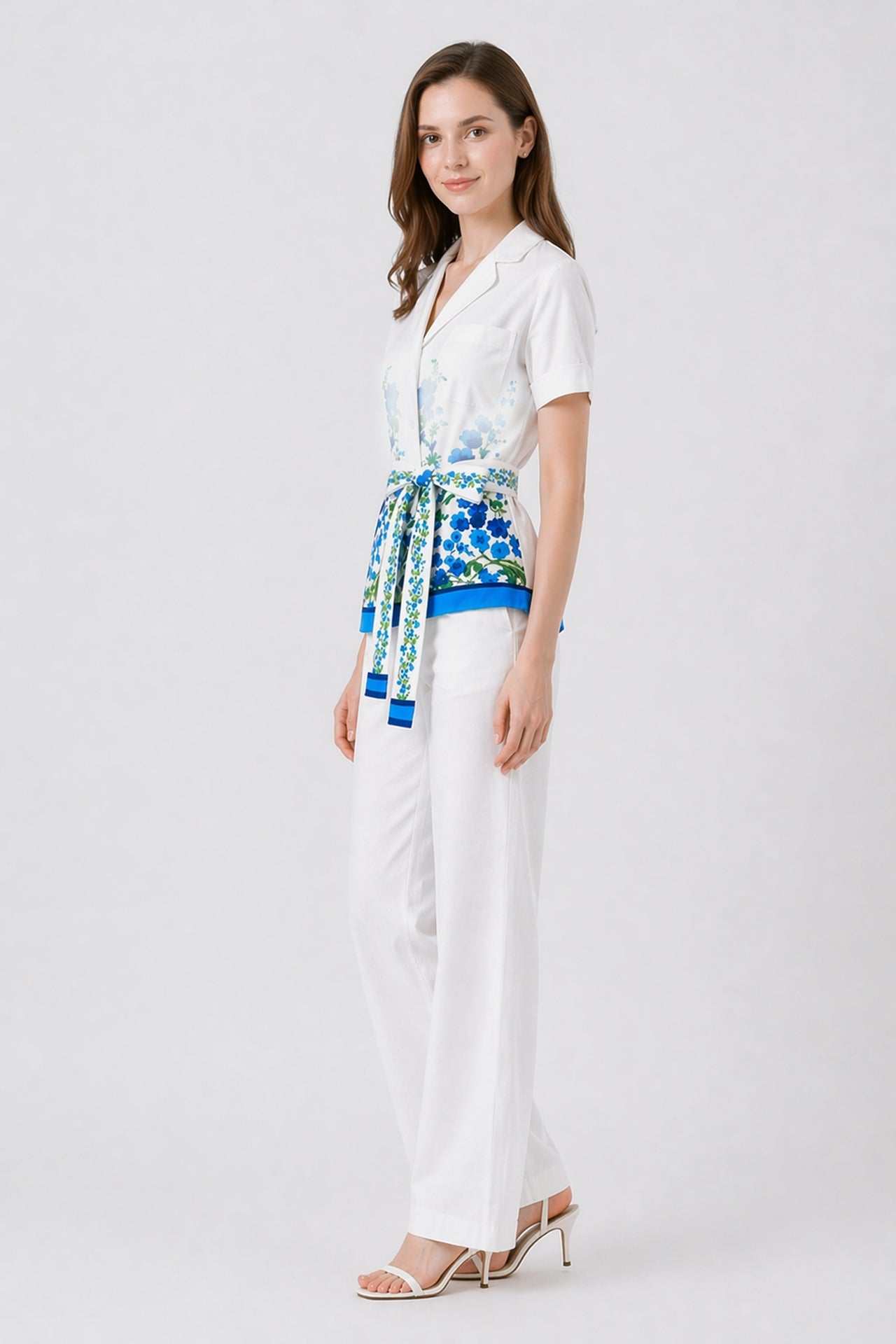 Blue Floral Belted Resort Top with Collar and Short Sleeves