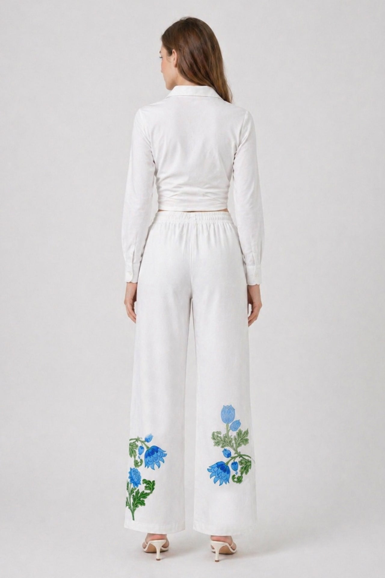 Blue Botanical High Waisted Drawstring Pants with Pockets
