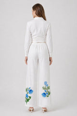 Blue Botanical High Waisted Drawstring Pants with Pockets