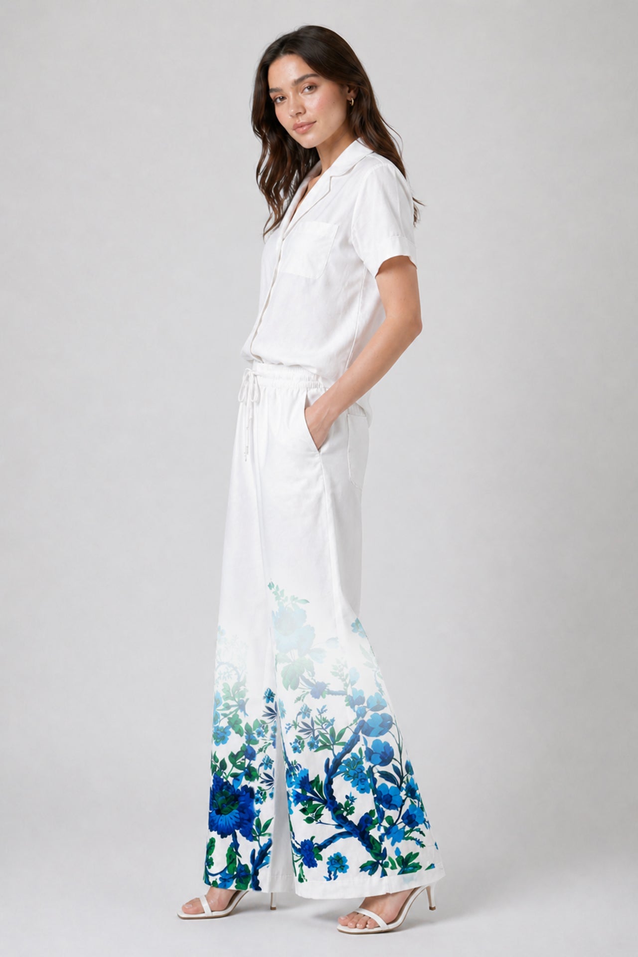 Blue Botanical Summer Trousers with Drawstring Waist and Relaxed Resort Fit