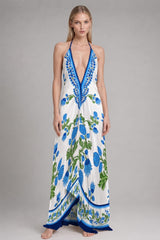 Blue Floral Halter Maxi Dress with Deep V Neckline and Open Back
