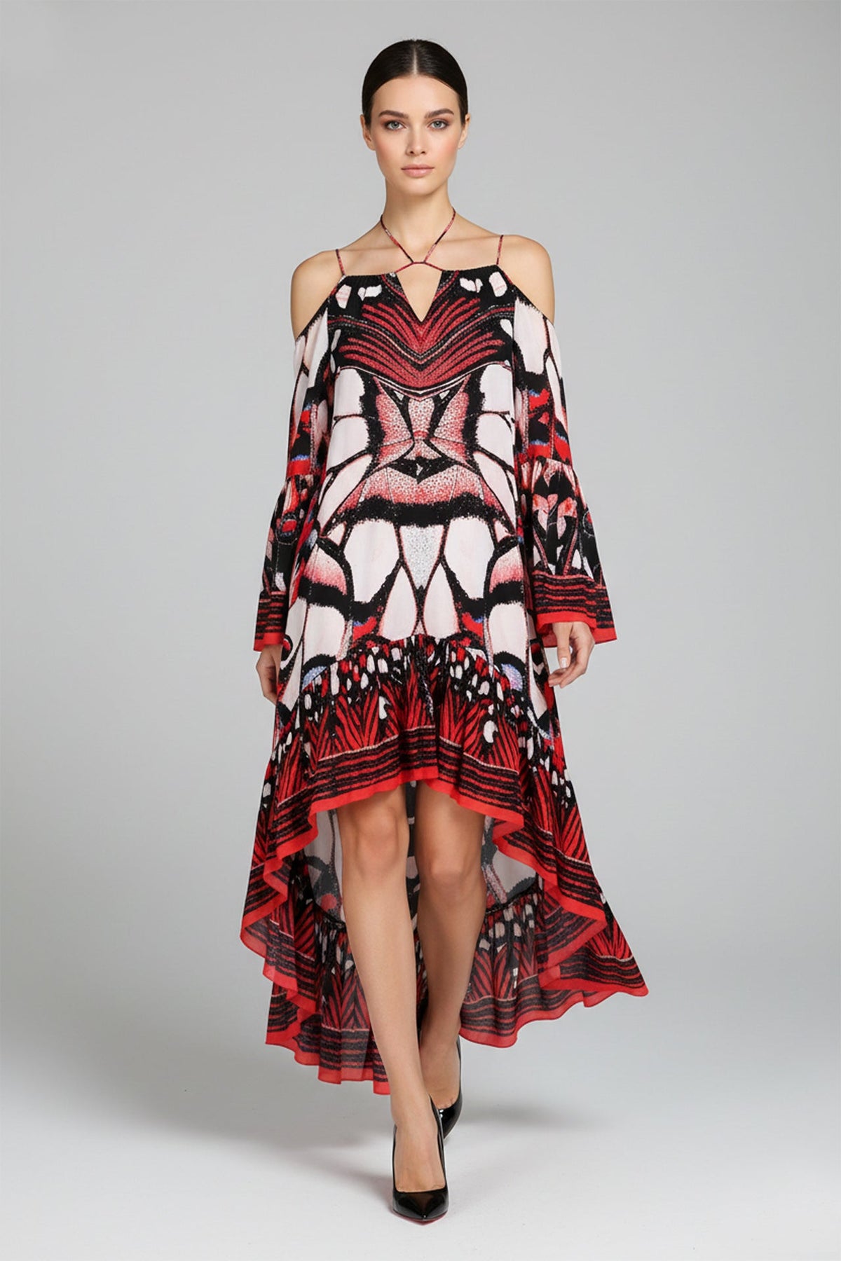 Annabella Butterfly-Print Handkerchief-Hem Off the Shoulder Dress