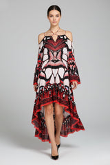 Annabella Butterfly-Print Handkerchief-Hem Off the Shoulder Dress