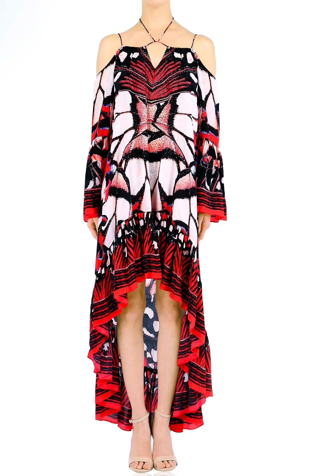 Annabella Butterfly-Print Handkerchief-Hem Off the Shoulder Dress