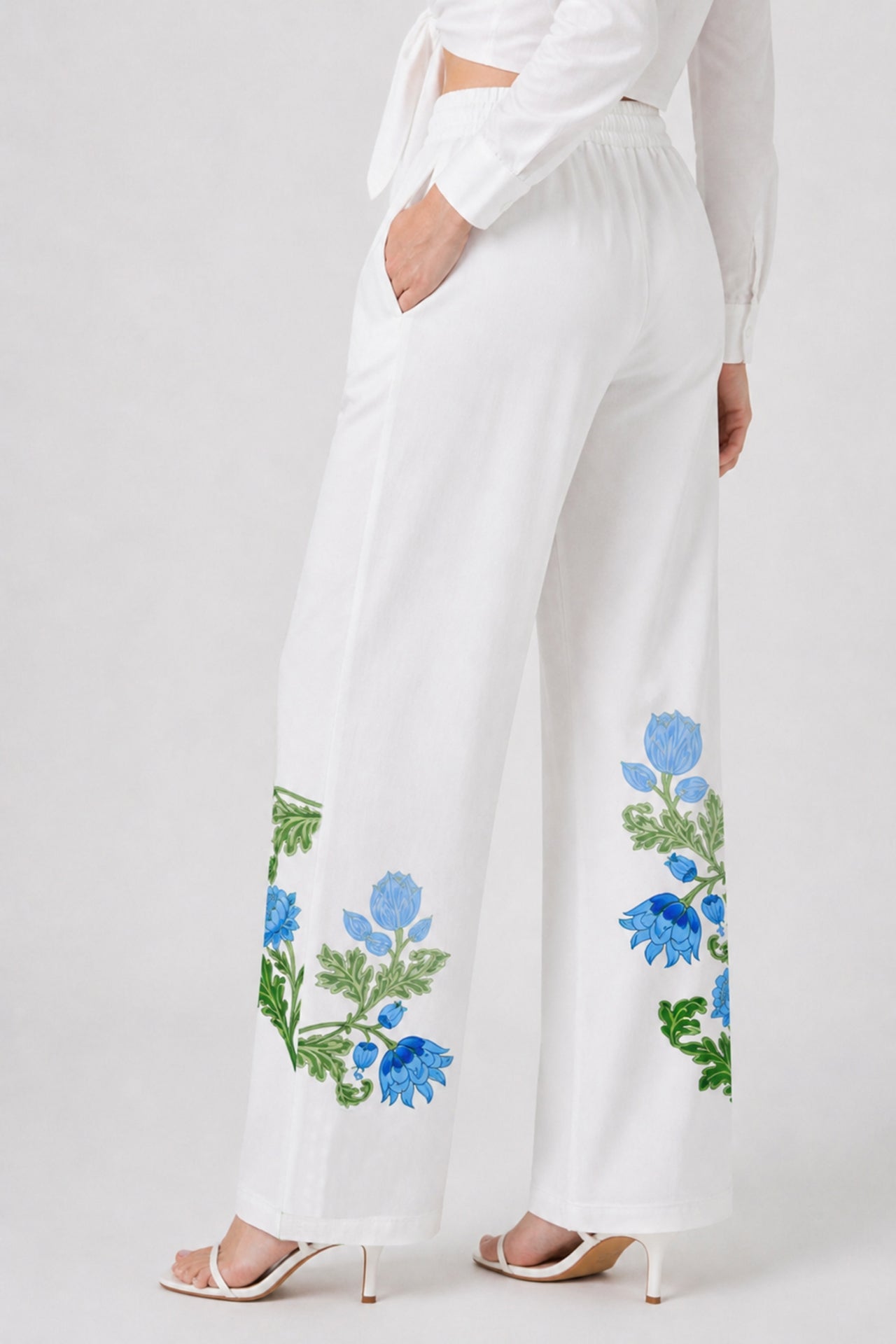 Blue Botanical High Waisted Drawstring Pants with Pockets
