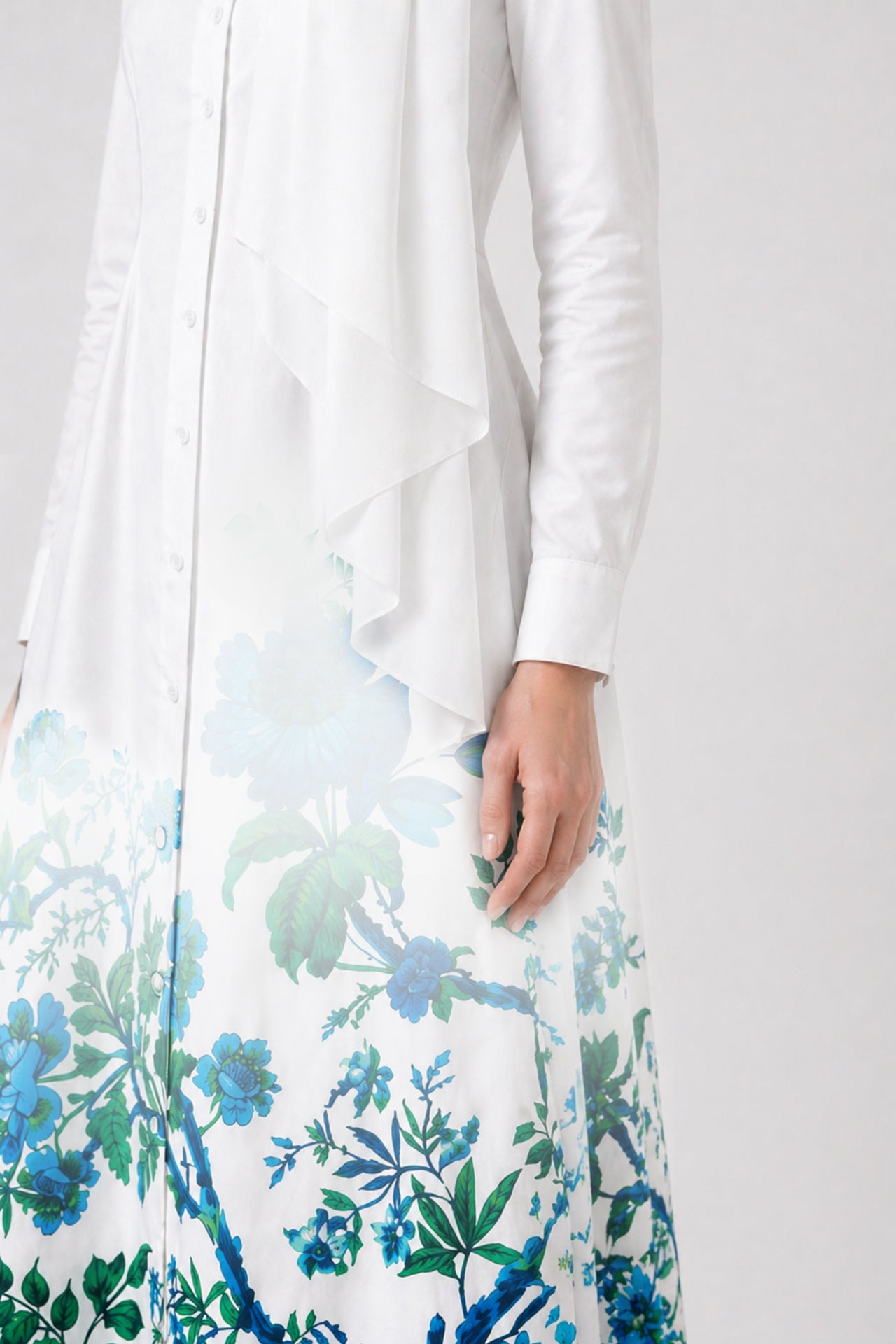 Blue Floral Maxi Shirt Dress with Pockets