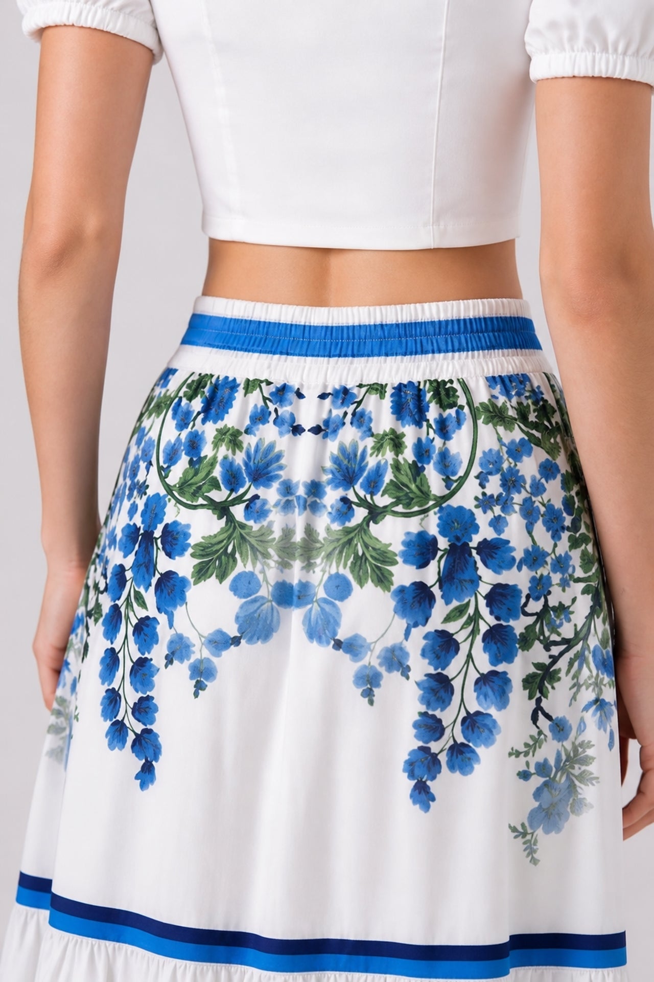 Blue Botanical Multi Tier Maxi Skirt with Drawstring Waist