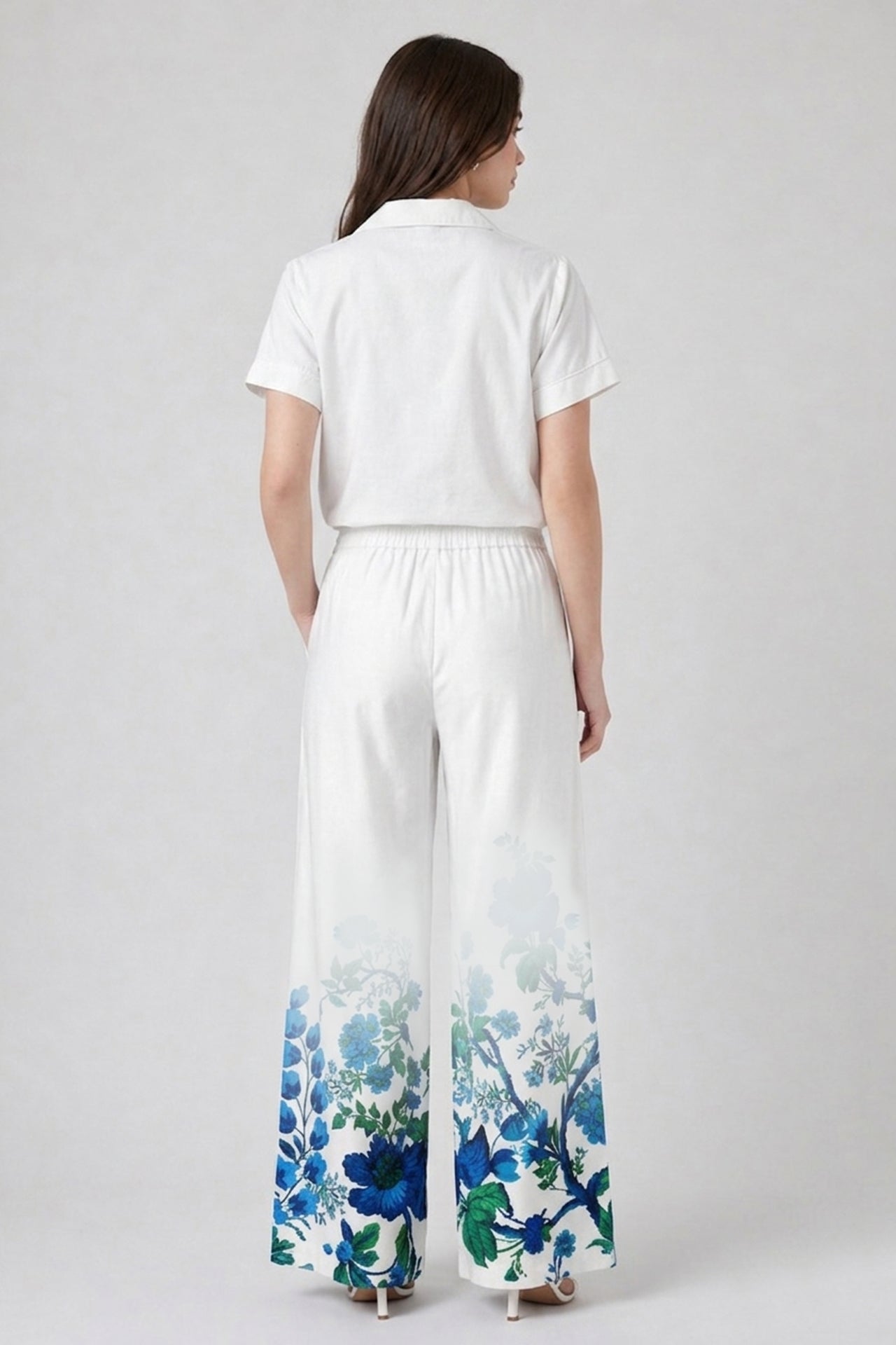 Blue Botanical Summer Trousers with Drawstring Waist and Relaxed Resort Fit
