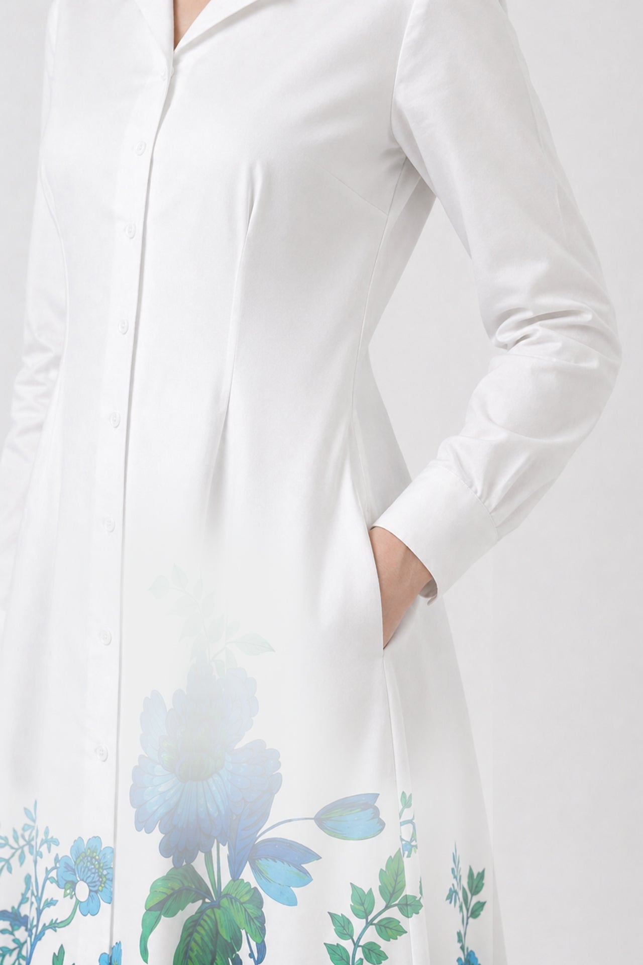 Blue Floral Maxi Shirt Dress with Pockets