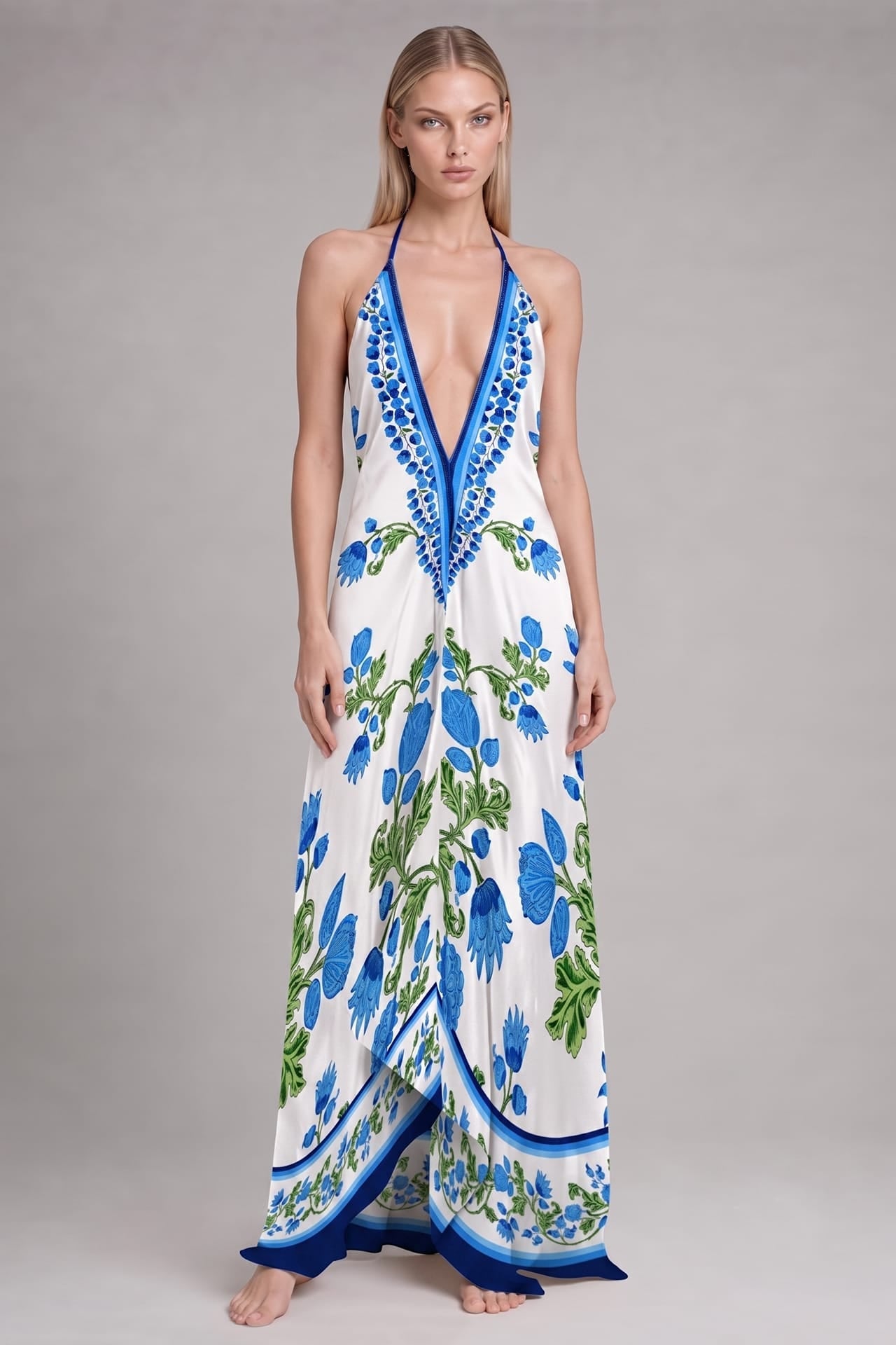 Blue Floral Halter Maxi Dress with Deep V Neckline and Open Back