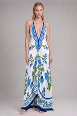 Blue Floral Halter Maxi Dress with Deep V Neckline and Open Back