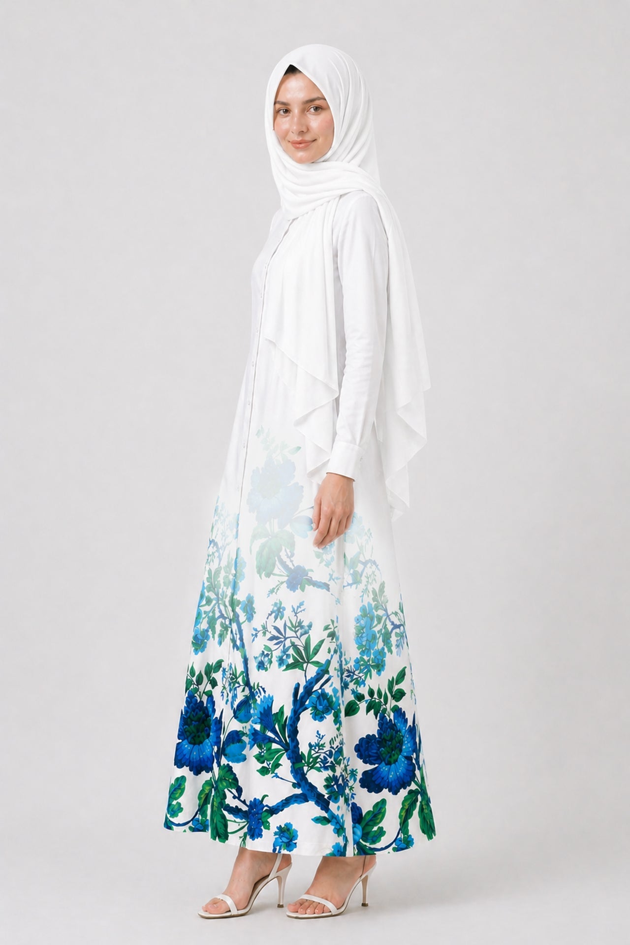 Blue Floral Maxi Shirt Dress with Pockets