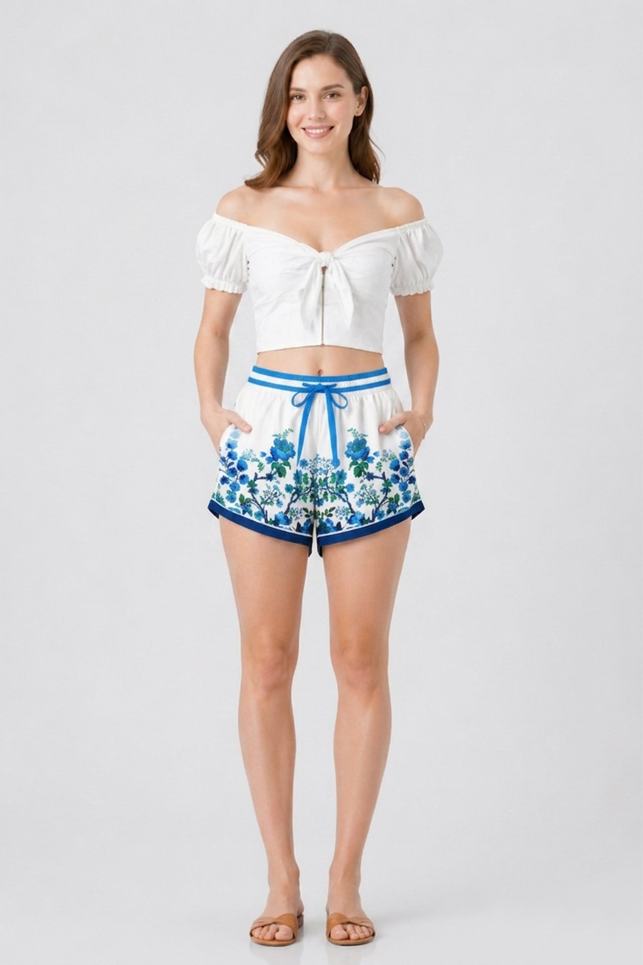 Blue Floral Drawstring Resort Shorts with Pockets
