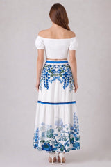 Blue Botanical Multi Tier Maxi Skirt with Drawstring Waist