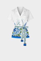 Blue Floral Belted Resort Top with Collar and Short Sleeves