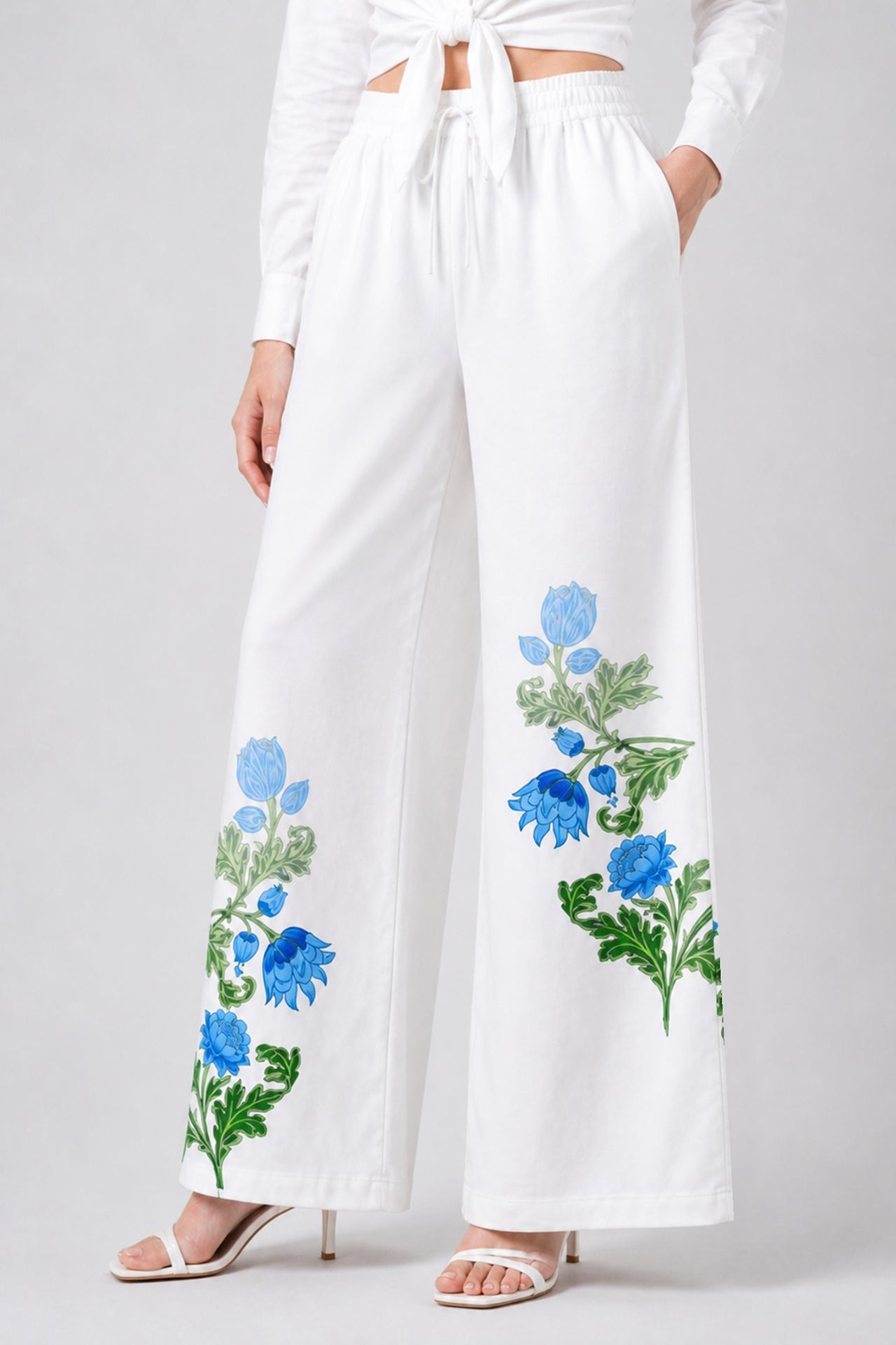 Blue Botanical High Waisted Drawstring Pants with Pockets