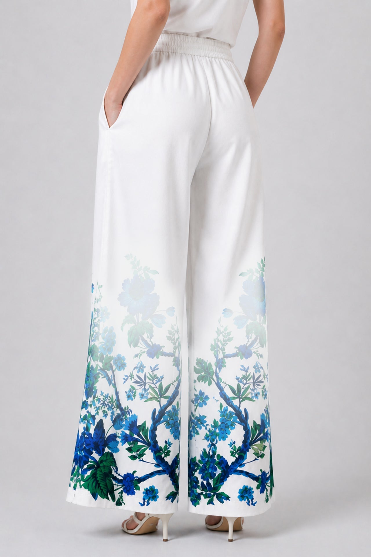 Blue Botanical Summer Trousers with Drawstring Waist and Relaxed Resort Fit