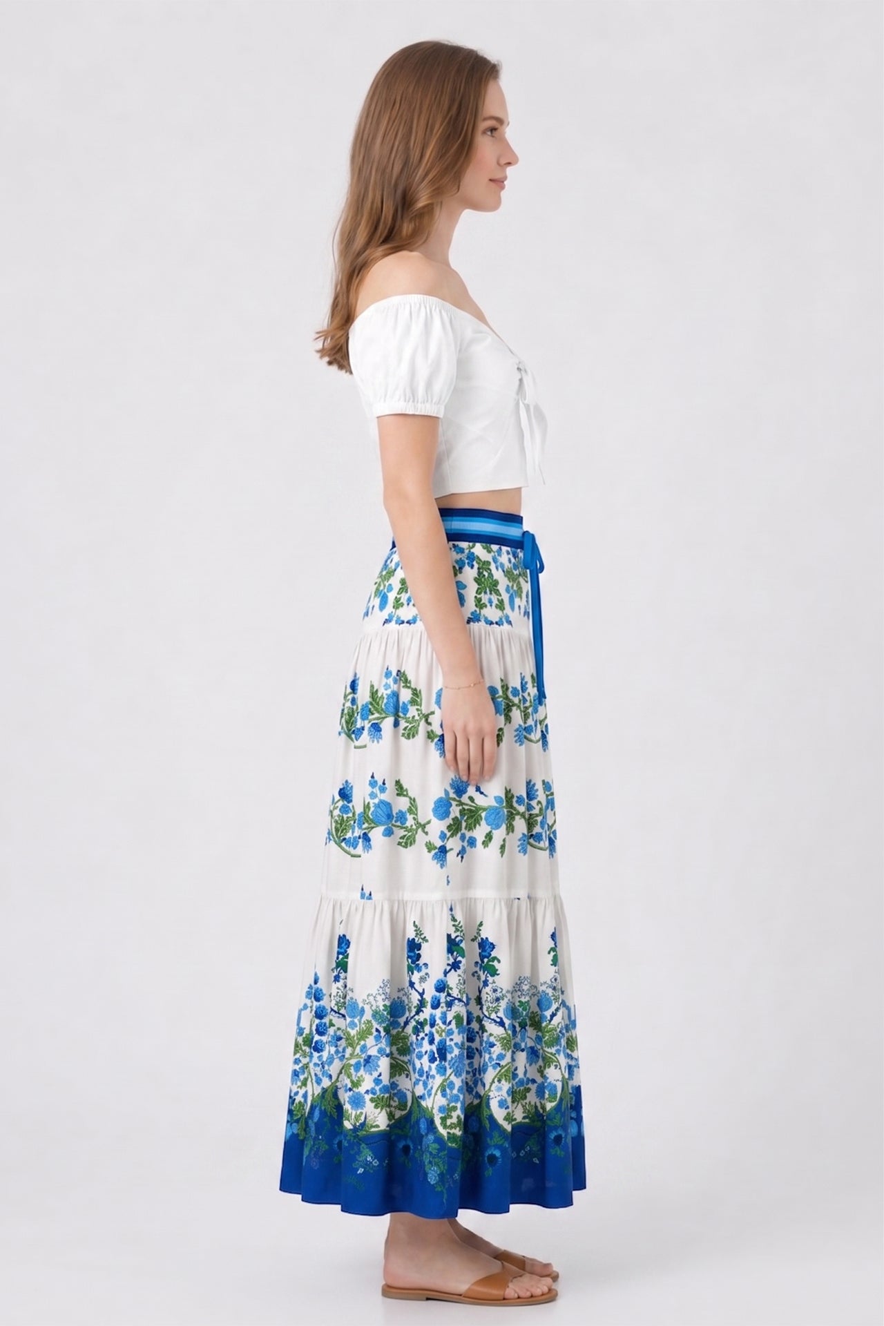 Blue Floral Multi Tier Maxi Skirt with Drawstring Waist