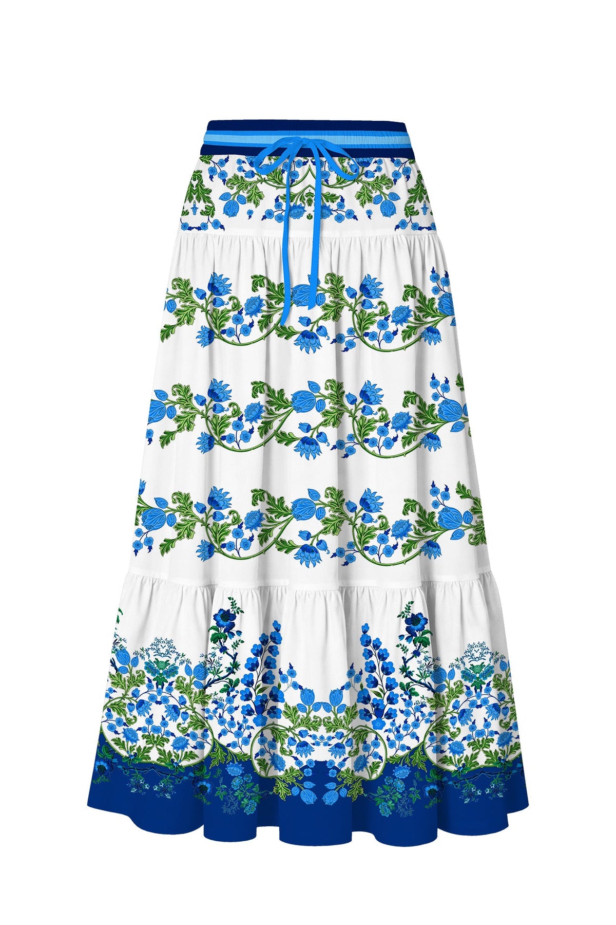 Blue Floral Multi Tier Maxi Skirt with Drawstring Waist