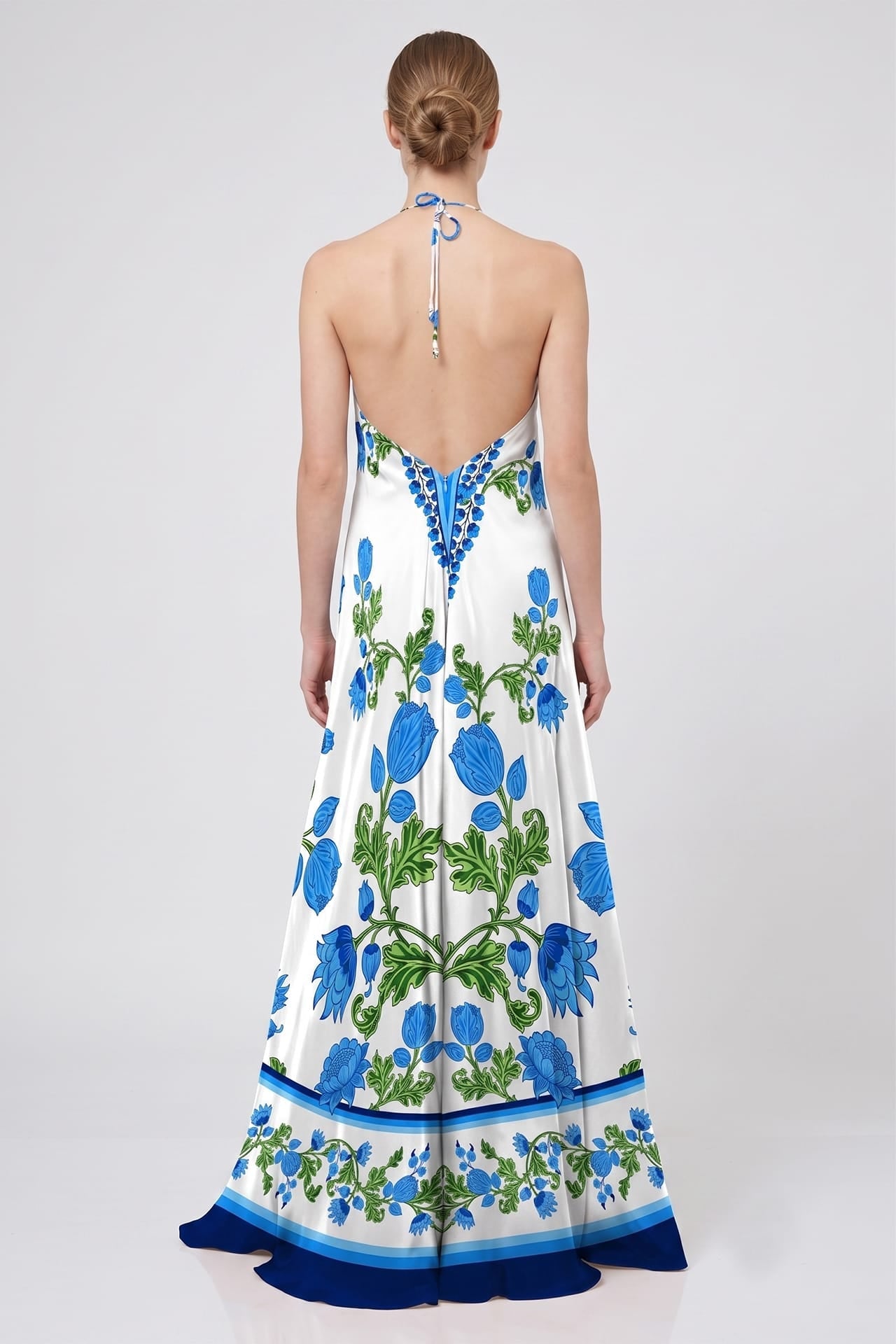 Blue Floral Halter Maxi Dress with Deep V Neckline and Open Back