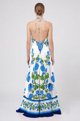 Blue Floral Halter Maxi Dress with Deep V Neckline and Open Back