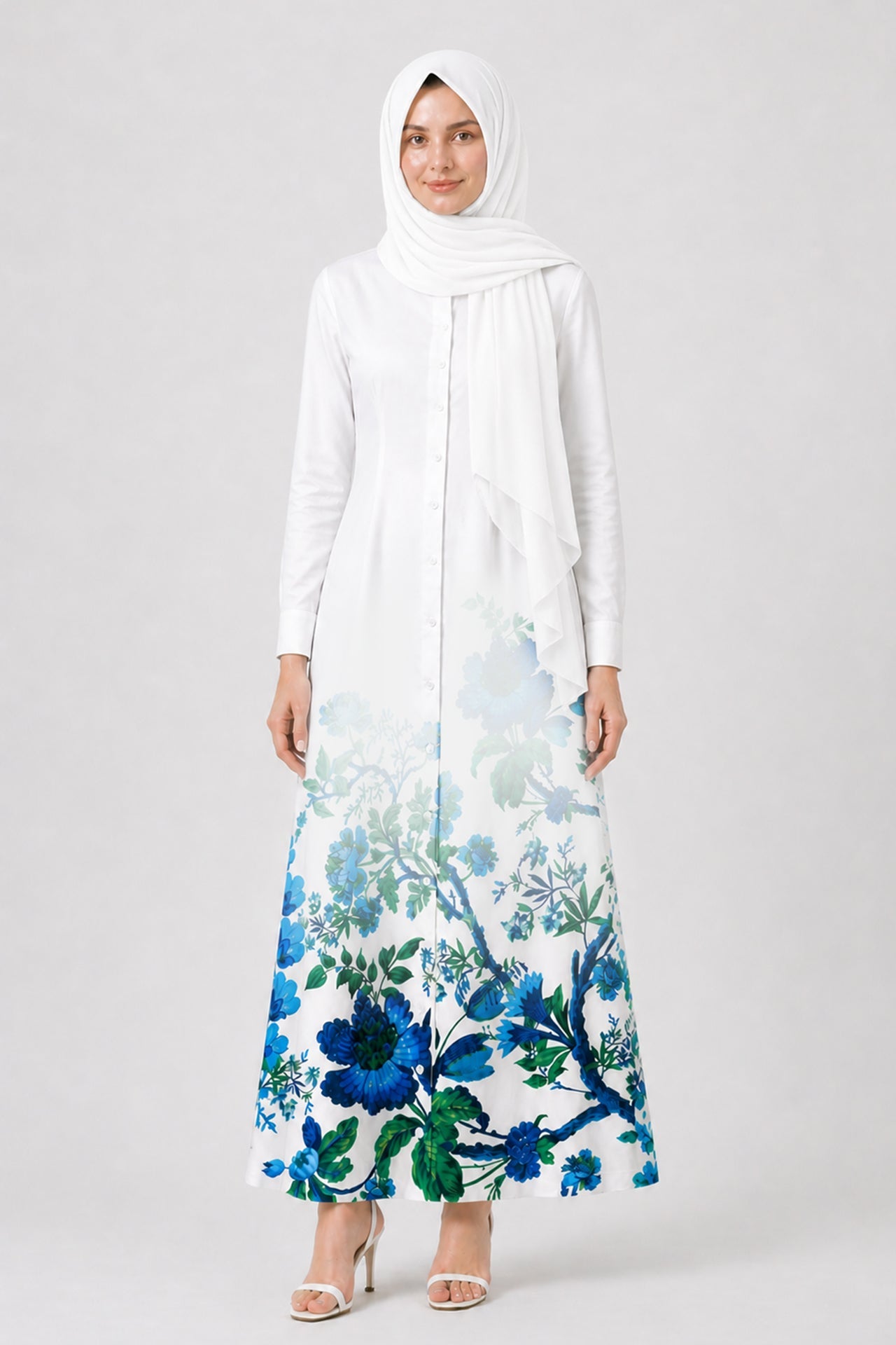 Blue Floral Maxi Shirt Dress with Pockets