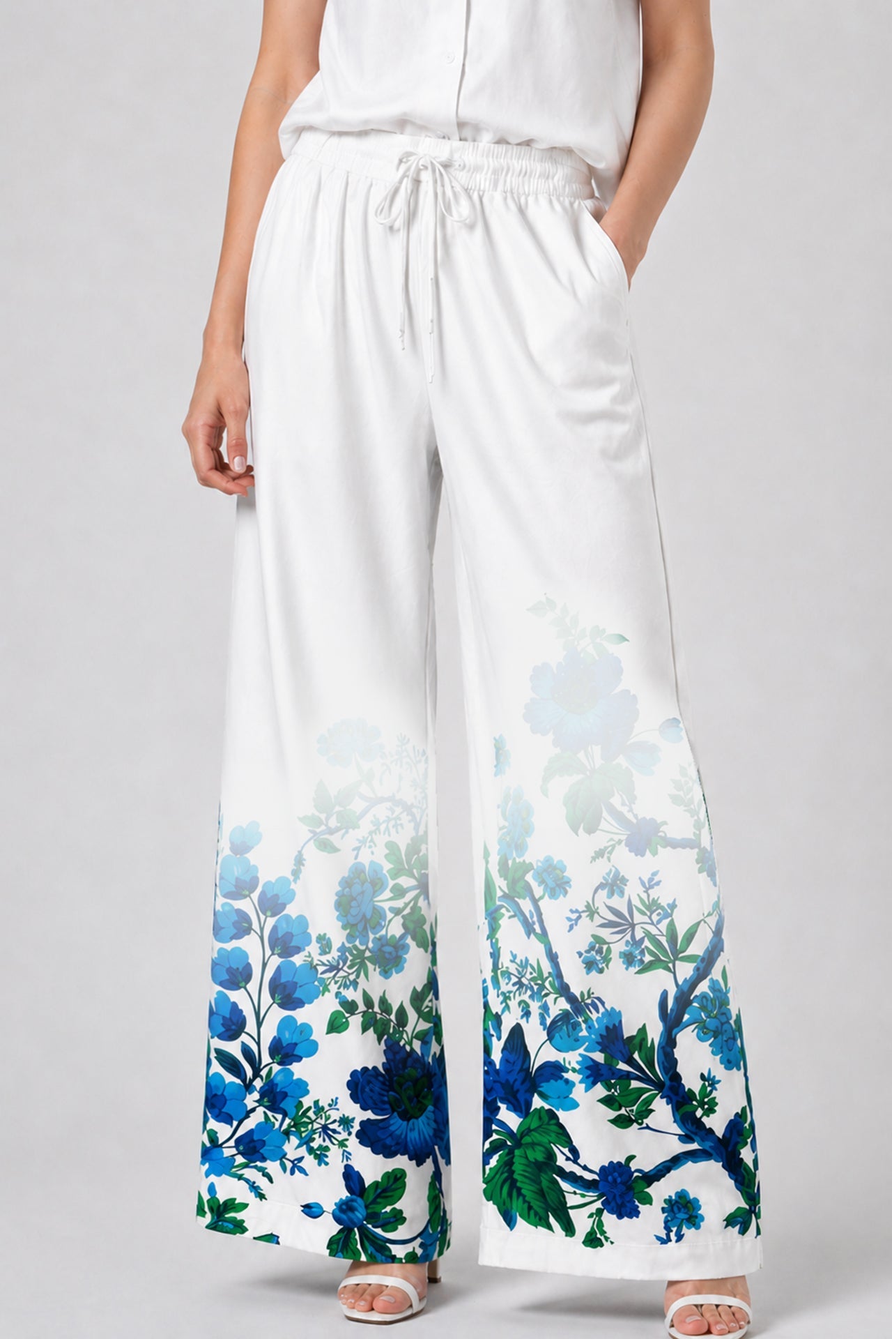 Blue Botanical Summer Trousers with Drawstring Waist and Relaxed Resort Fit