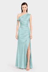 Aqua Green One Shoulder Ruched Satin Maxi Dress