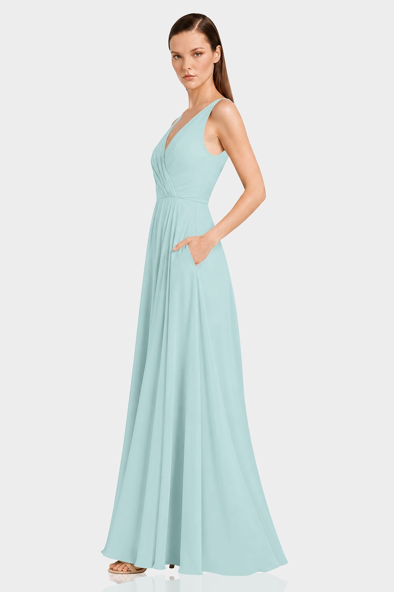 Aqua Green Fit & Flare V-Neck Chiffon Maxi Dress