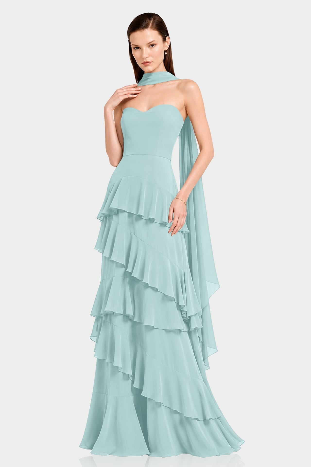 Aqua Green Luxury Strapless Tiered Ruffle Maxi Dress - Bridesmaid Dress