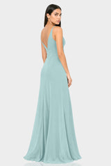 Aqua Green Spaghetti Strap Plunge V-Neck Satin Fit & Flare Maxi Dress