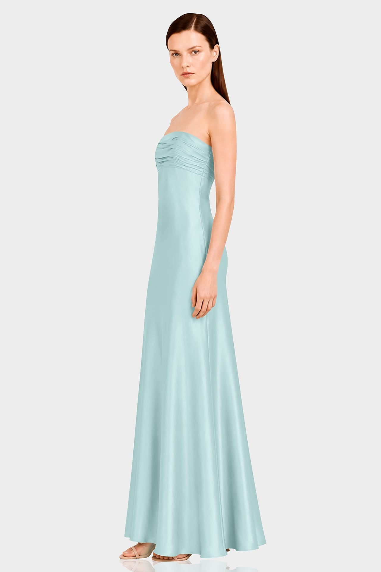 Aqua Green Strapless Ruched Satin Maxi Dress
