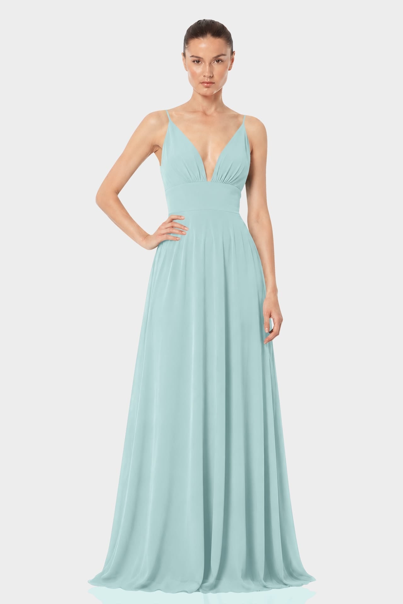 Aqua Green Chiffon Plunge Neck Maxi Dress