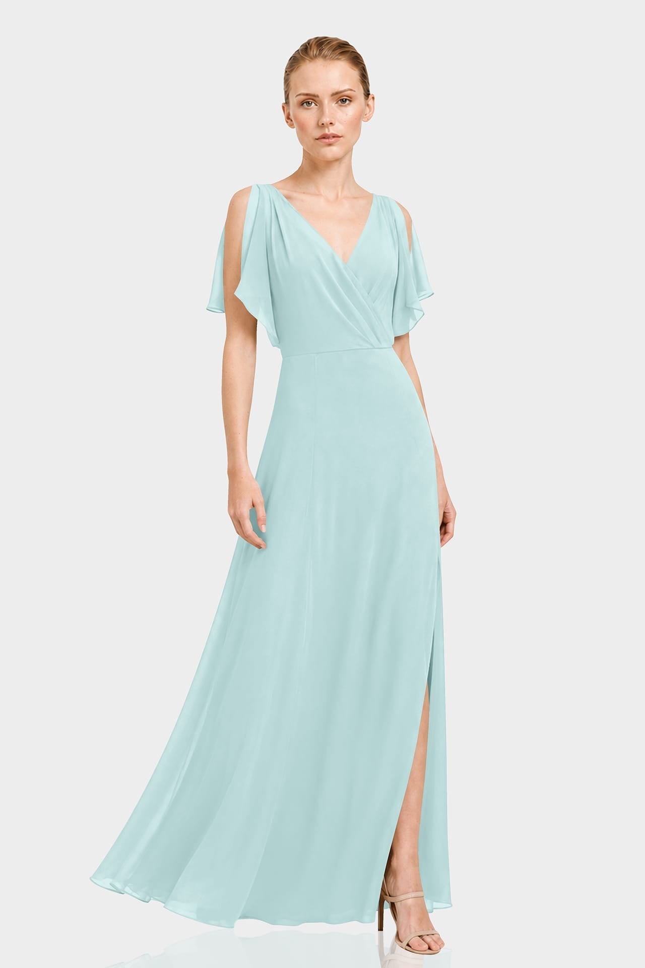 Aqua Green Flutter Sleeve Cold Shoulder Chiffon Maxi Dress
