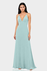 Aqua Green Spaghetti Strap Plunge V-Neck Satin Fit & Flare Maxi Dress