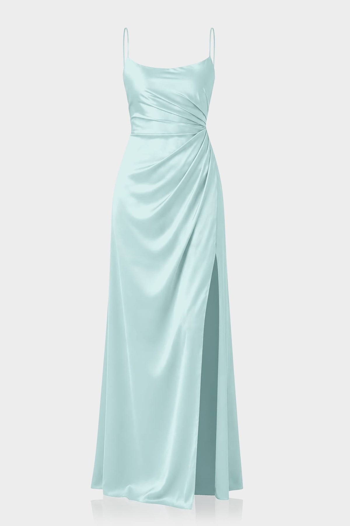 Aqua Green Square Neckline Draped Satin Maxi Dress