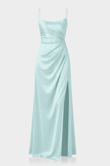 Aqua Green Square Neckline Draped Satin Maxi Dress