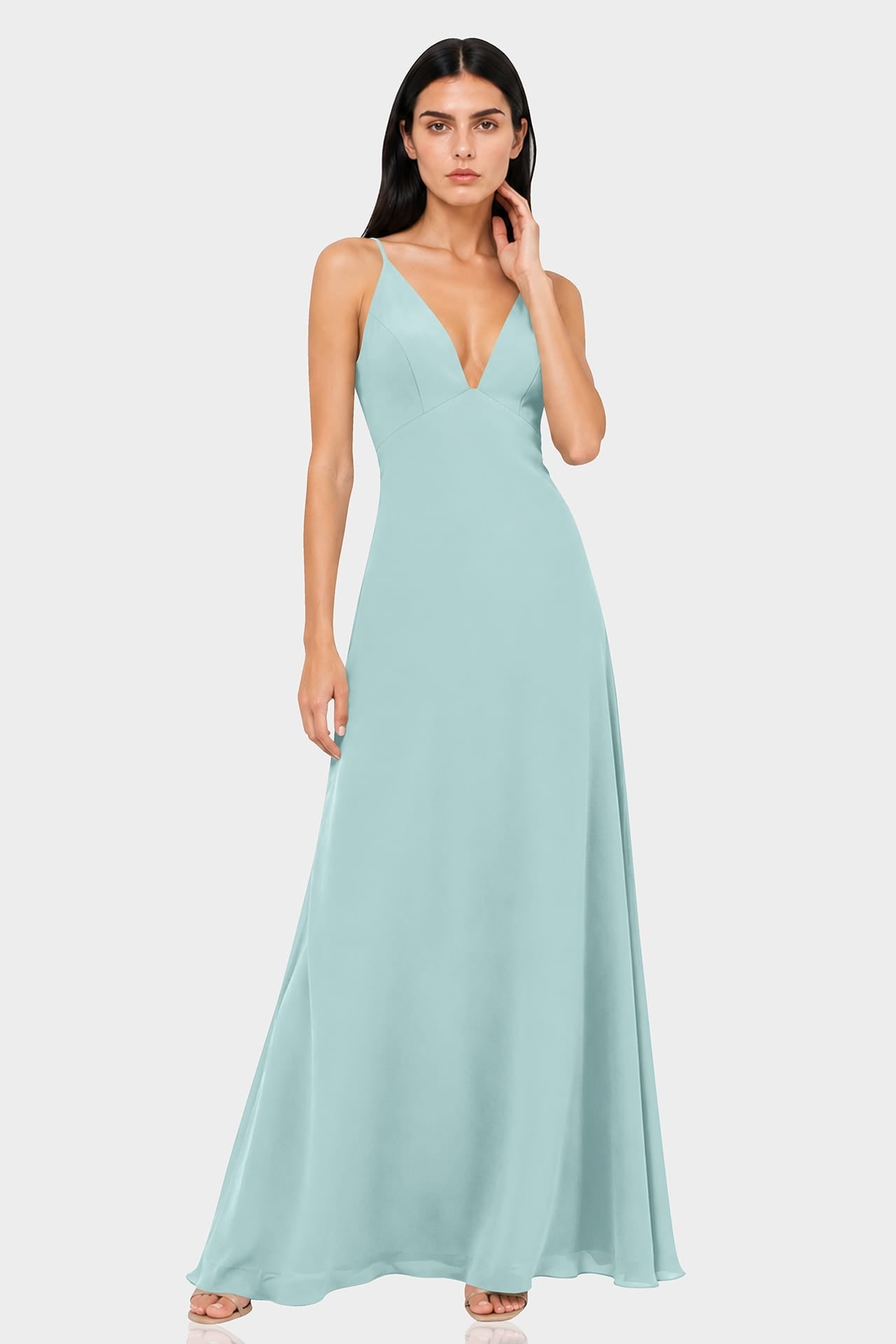 Aqua Green Spaghetti Strap Plunge V-Neck Satin Fit & Flare Maxi Dress