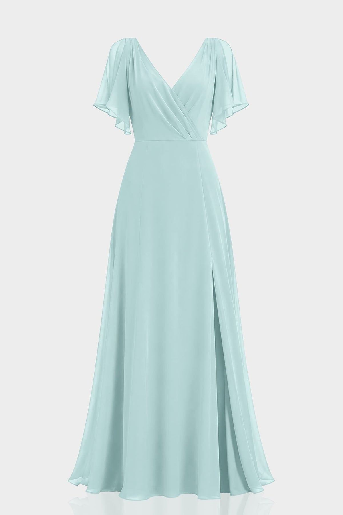Aqua Green Flutter Sleeve Cold Shoulder Chiffon Maxi Dress