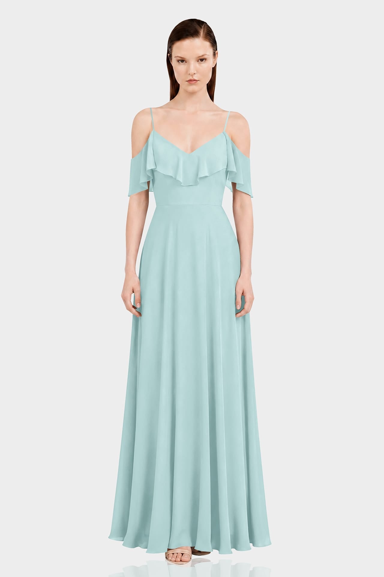 Aqua Green Off-Shoulder Ruffle Chiffon Fit & Flare Maxi Dress