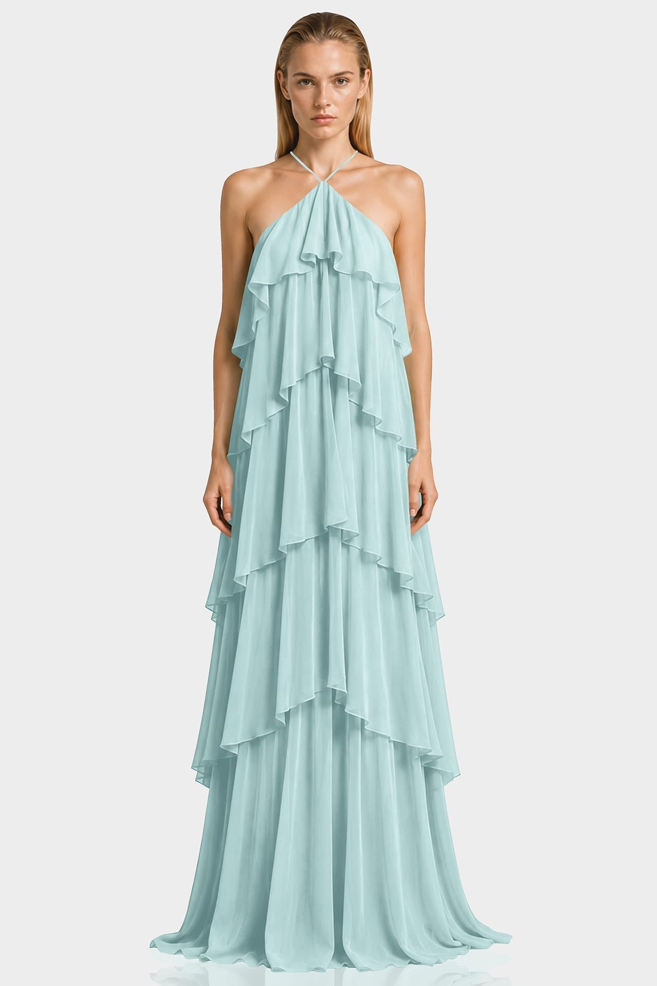 Aqua Green Tiered Ruffle Halter Chiffon Maxi Dress