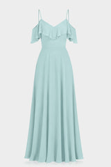 Aqua Green Off-Shoulder Ruffle Chiffon Fit & Flare Maxi Dress
