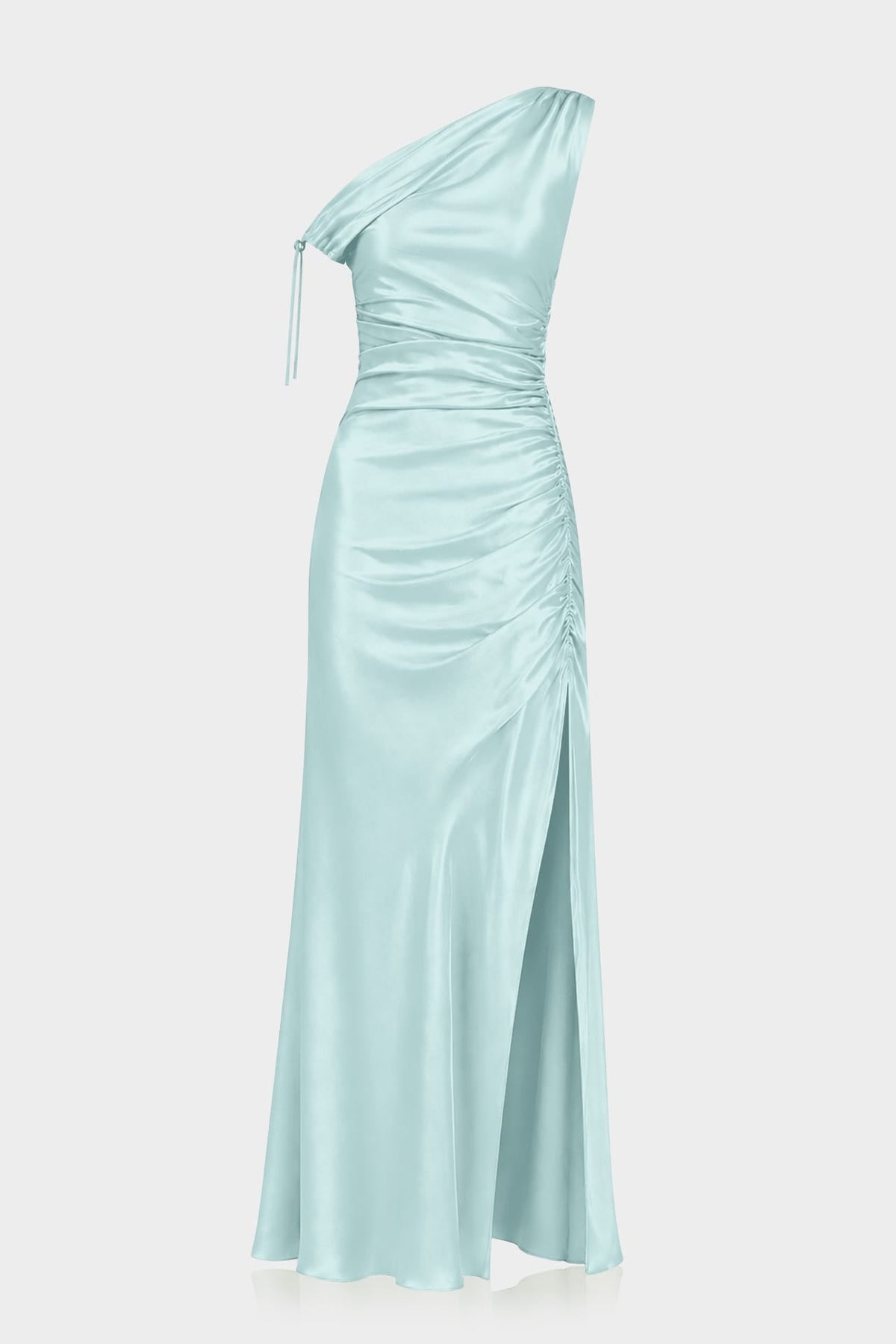 Aqua Green One Shoulder Ruched Satin Maxi Dress