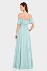 Aqua Green Off-Shoulder Ruffle Chiffon Fit & Flare Maxi Dress
