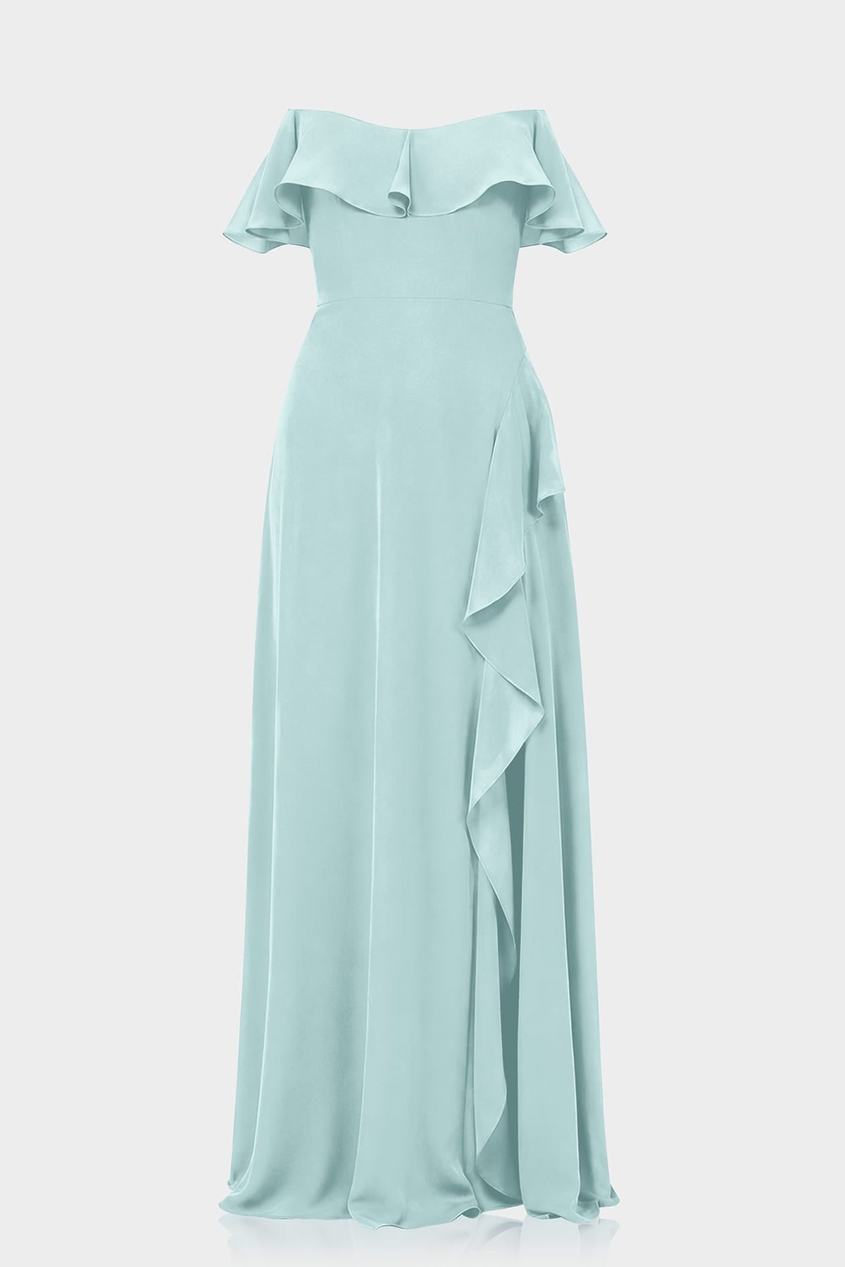 Aqua Green Off-Shoulder Ruffle Chiffon Fit & Flare Maxi Dress