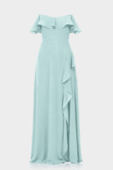 Aqua Green Off-Shoulder Ruffle Chiffon Fit & Flare Maxi Dress