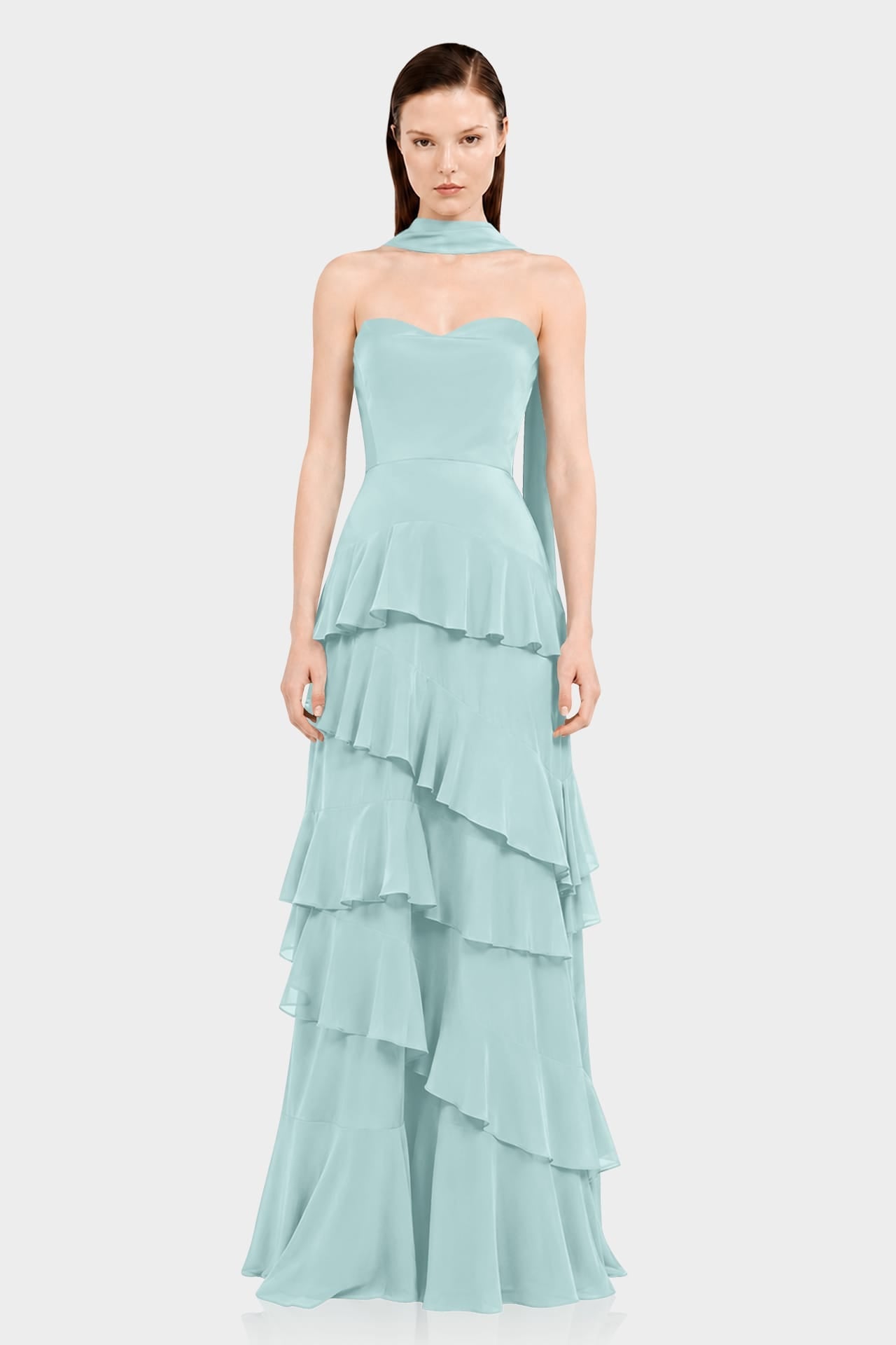 Aqua Green Luxury Strapless Tiered Ruffle Maxi Dress - Bridesmaid Dress