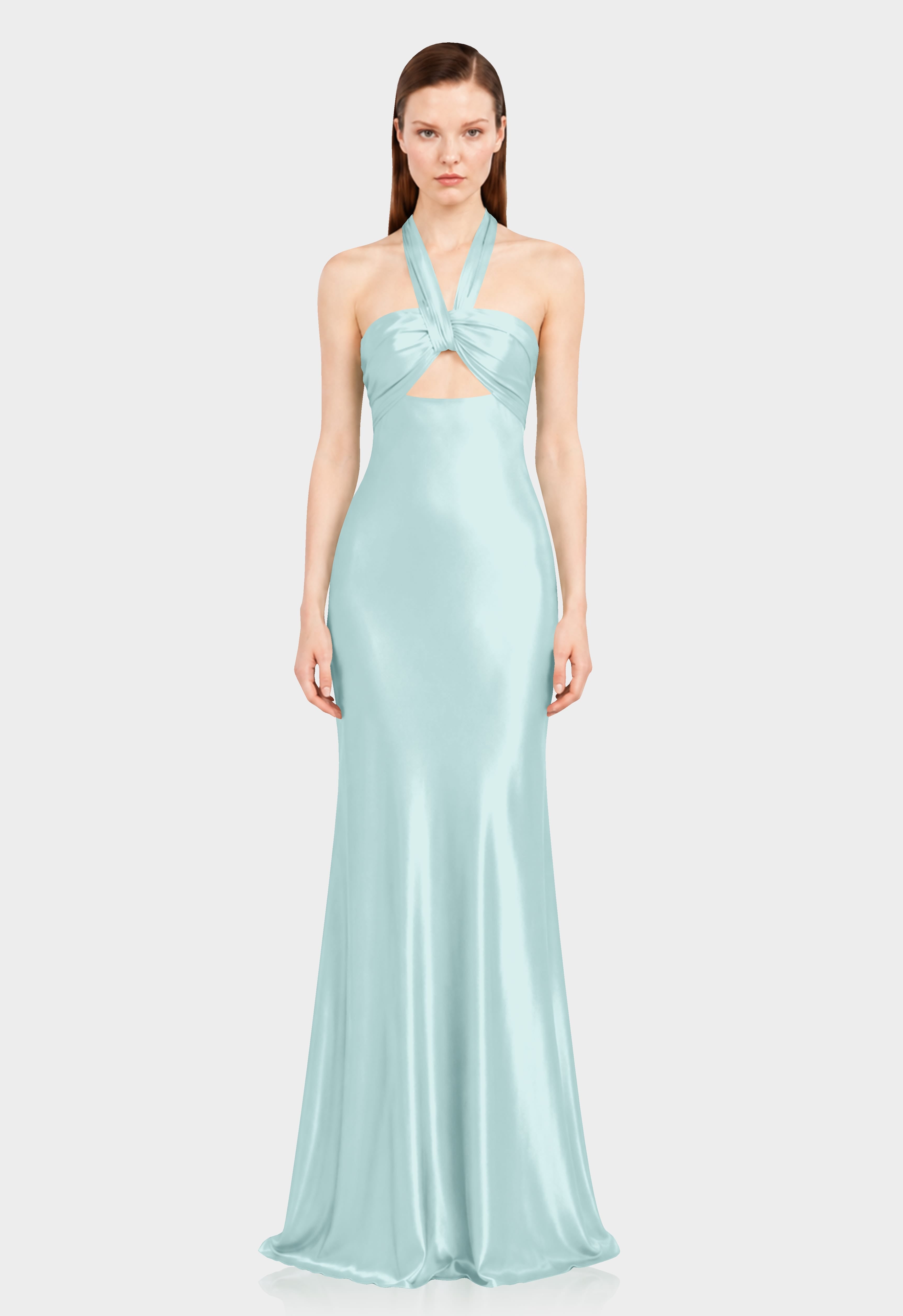 Aqua Green Twist Halter Satin Maxi Dress